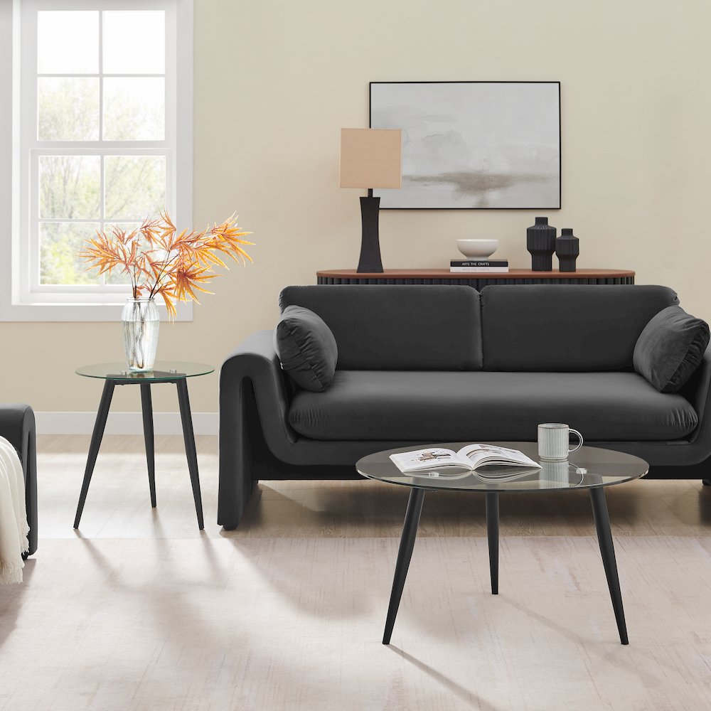 Van Beuren Side Table Modern Metal Taper Legs and Clear Glass Tabletop - Black. Picture 9