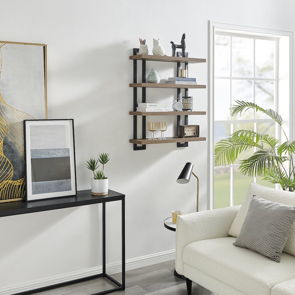 4-Tier Floating Bracket Wall Shelf - Black Metal and Walnut Finish. Picture 10