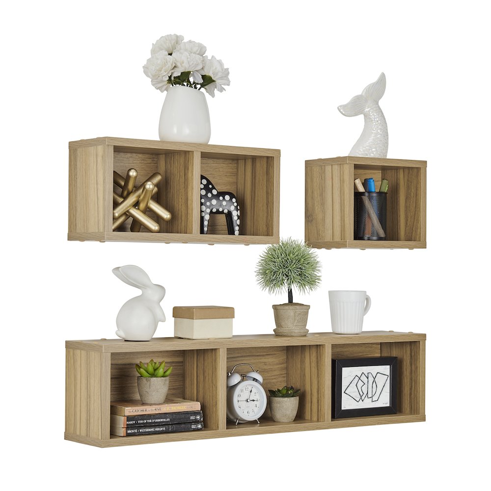 Bauhaus Floating Geometric Cubby Wall Shelves - Set of 3 Sizes - Chestnut. Picture 12