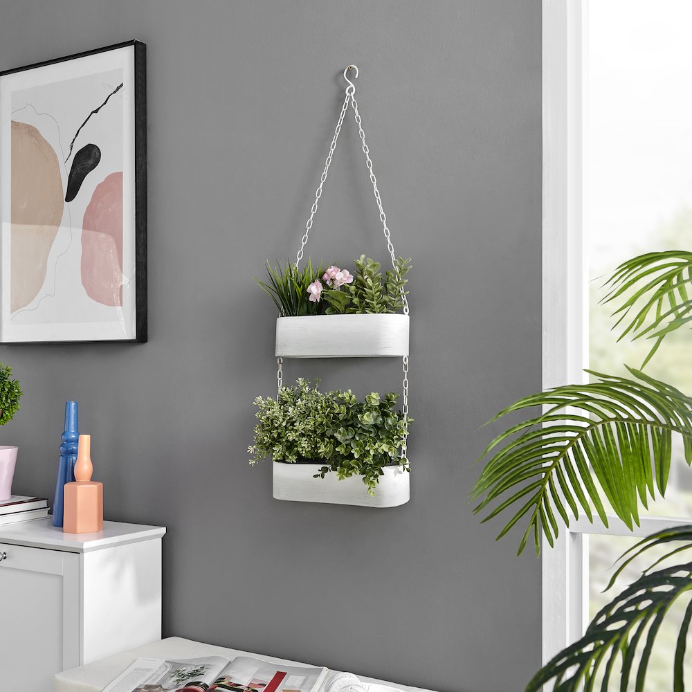 Two-Tier Hanging White Metal Trough Wall Planter. Picture 4