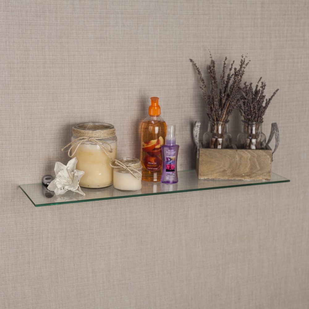 Clear Glass Floating Shelf with Chrome Brackets 24 x 6". Picture 2
