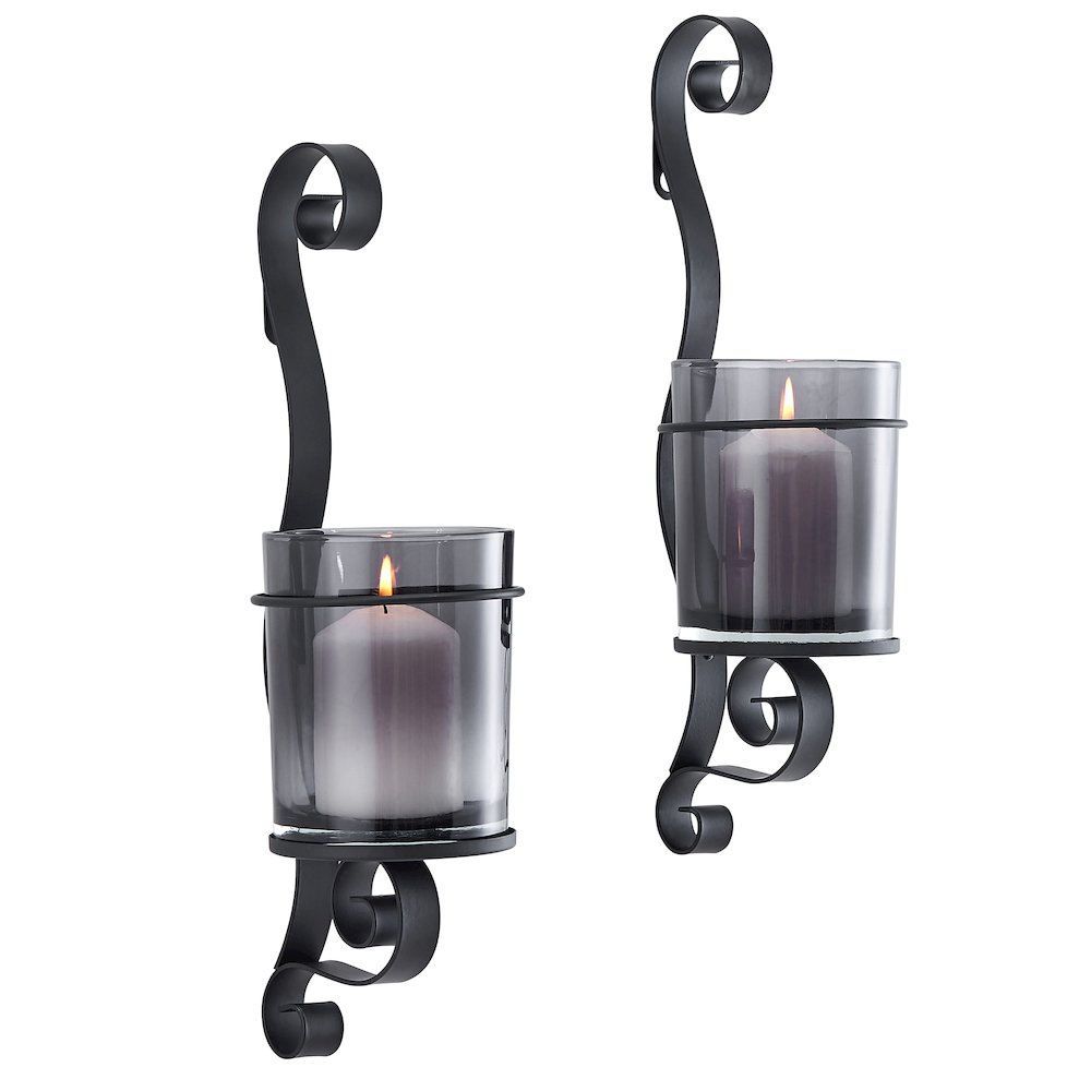 Vintage Black Wall Sconce Candle Holder Set (2) with Smoke Glass Hurricanes. Picture 1