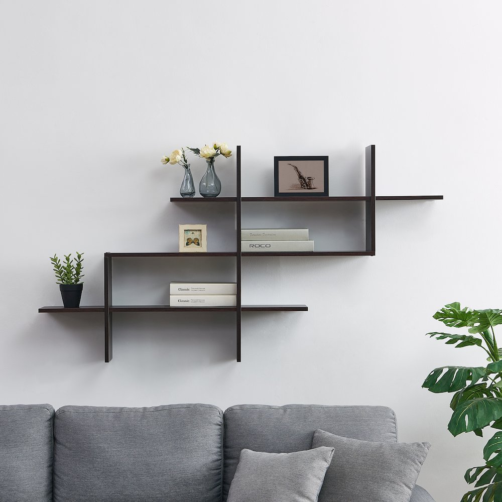3-Tier Rustic Wall Mount Floating Ladder Asymmetrical Accent Shelf – Walnut. Picture 2