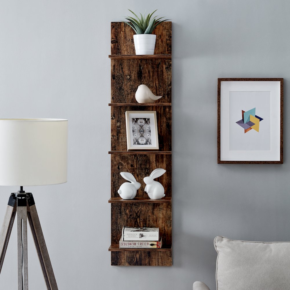 Pine Grain Finish Wide 5-Tiers Column Wall Shelf. Picture 3
