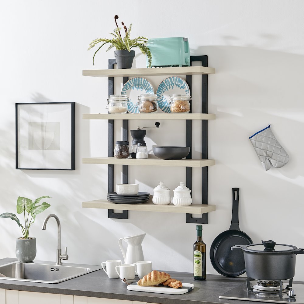 4-Tier Floating Bracket Wall Shelf - Black Metal and White Birch Finish. Picture 9