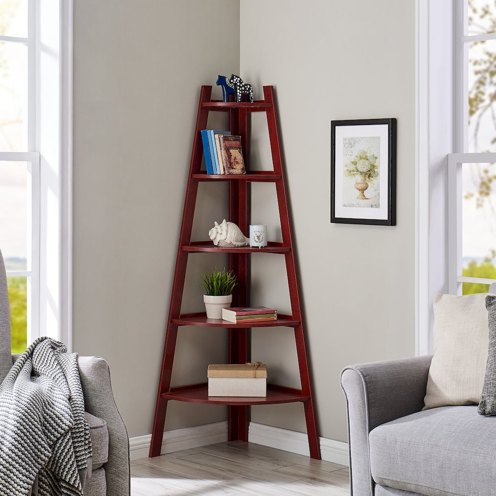 Five Tier Corner Ladder Display Bookshelf - Cherry Wood Finish. Picture 2