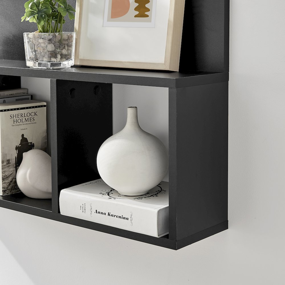 Modern 3 Cube Floating Cubby Wall Shelf with Display Ledge- Black. Picture 7