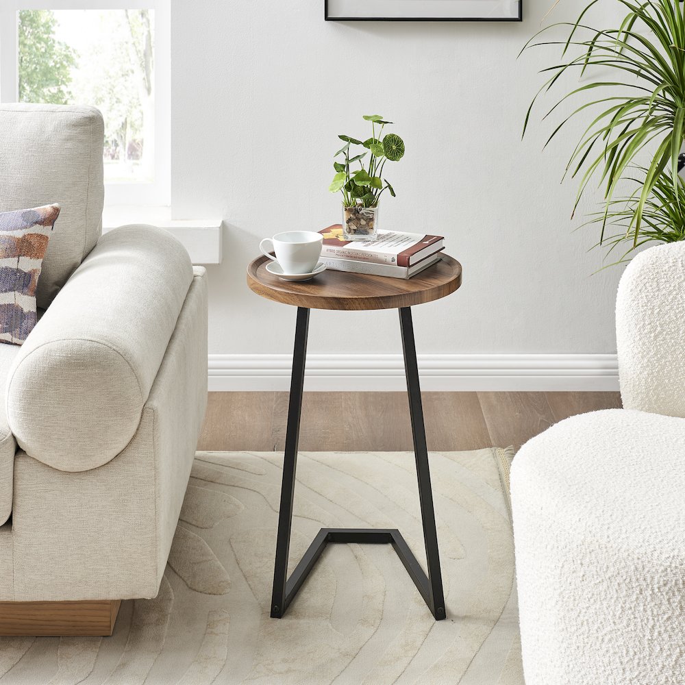 Addison Round Raised Lip Edge Angled Couch-Side Accent C-Table - Walnut/Black. Picture 6