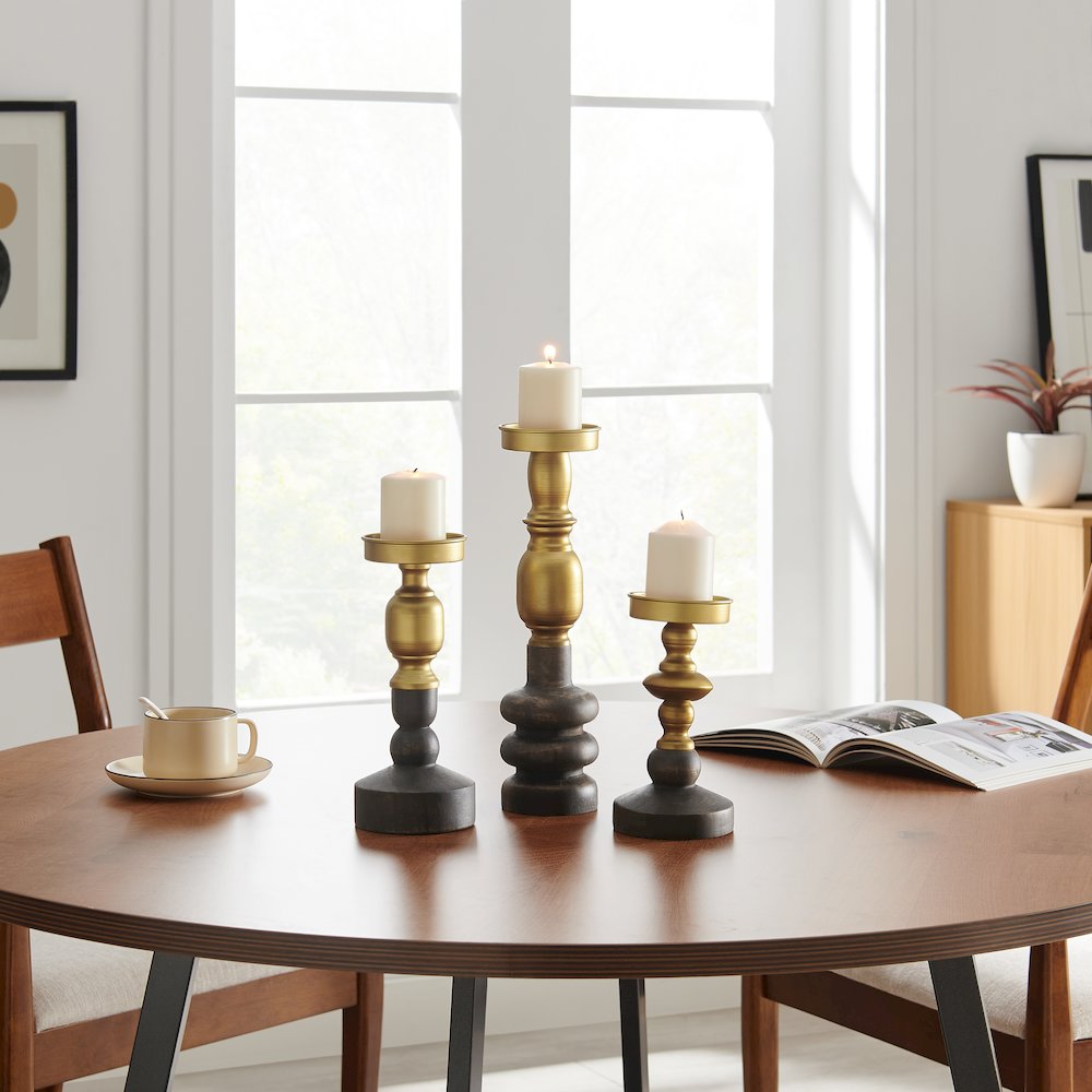 Nara Brass Wood Taper Candlestick Pillar Candle Holders - Set of 3. Picture 4