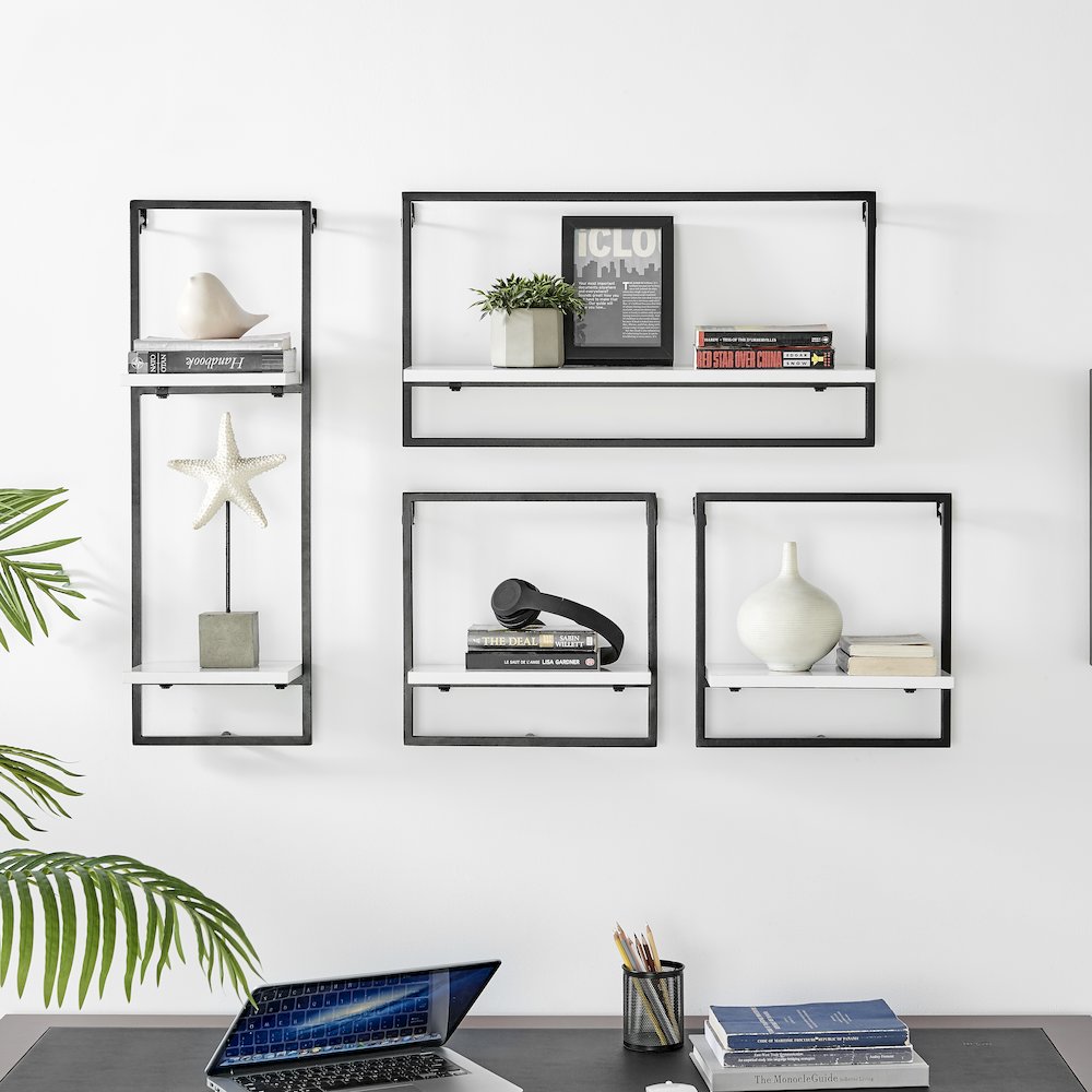 Framed Wall Art 4-Piece Modern Shelf Set - Black Metal Frame White MDF Shelves. Picture 2