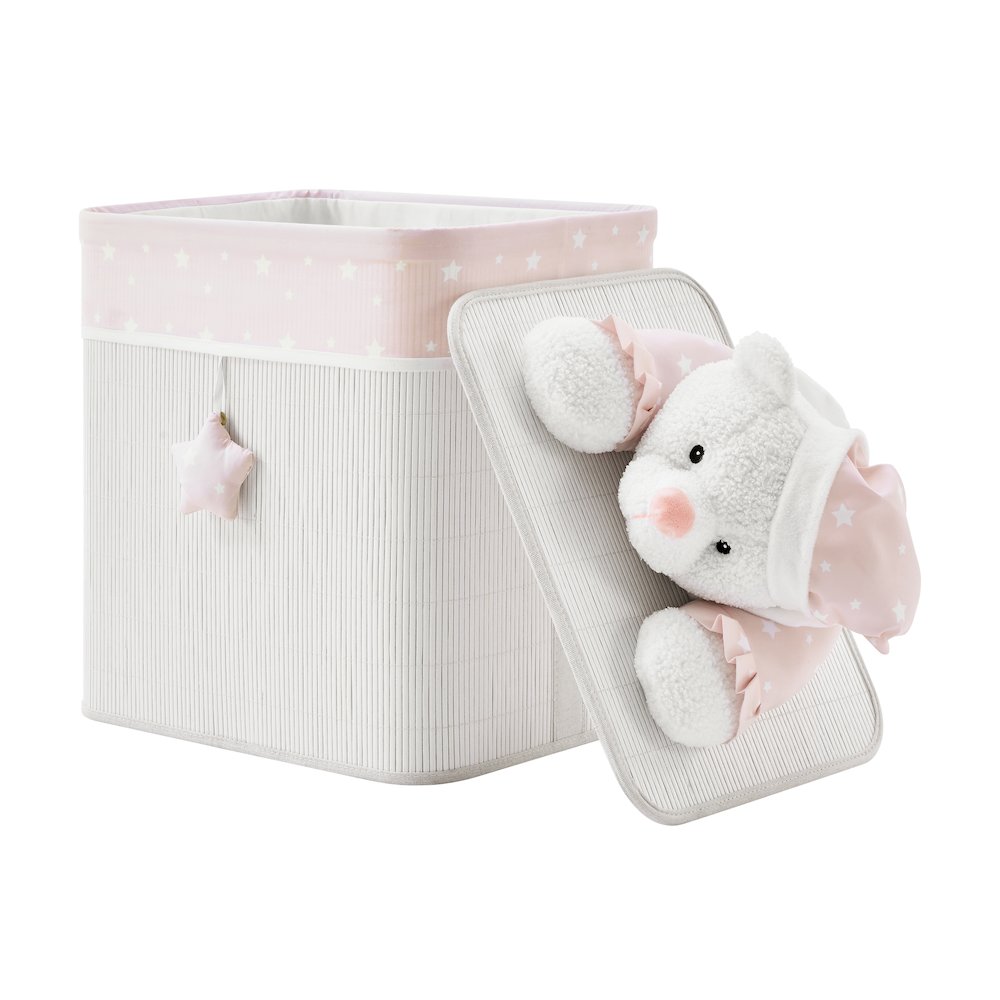 Pink/Cream Collapsible Folding Bamboo Kid Plush Laundry Hamper Sleepy Teddy Bear. Picture 10
