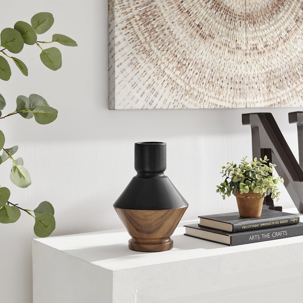 Milo Diamant Reverse Hourglass Modern Two Tone Tabletop Vase - Black and Walnut. Picture 3