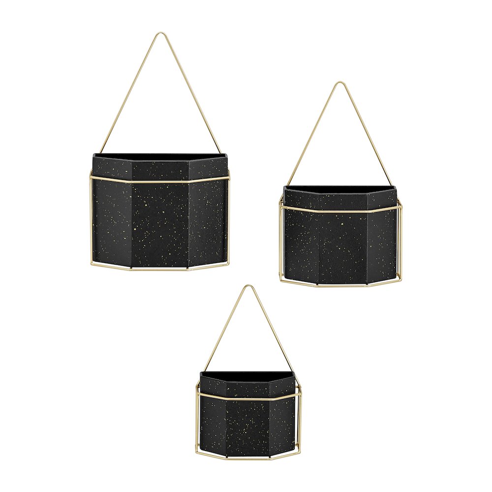 Modern Geometric Black and Gold Metal Wall Planters - Set of 3. Picture 1