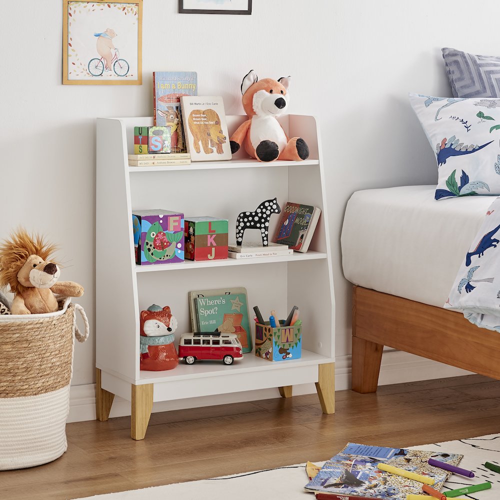 Steiner White 3-Tier Kids Freestanding Bookshelf - Contrasting Wood-Toned Legs. Picture 4