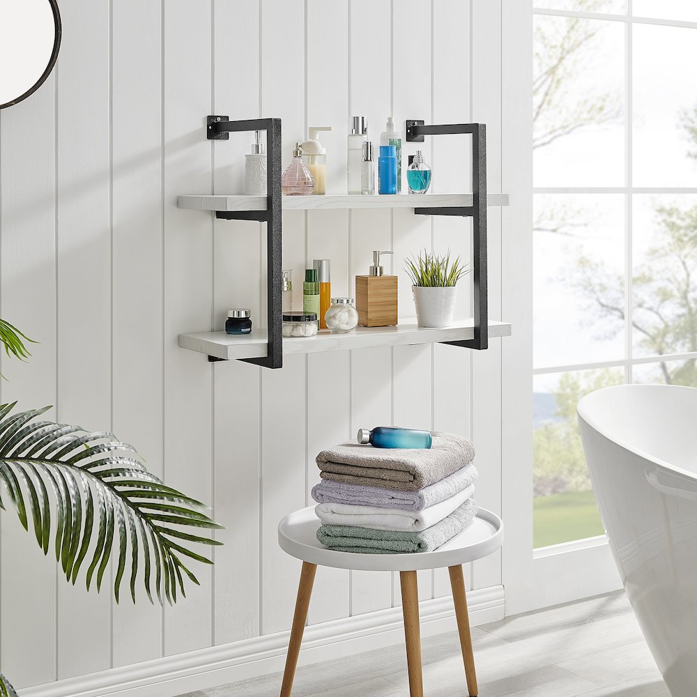 Modern 2-Tier Hanging Bracket Wall Shelves in Black Metal and White Birch Finish. Picture 8