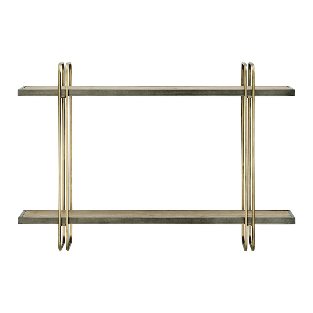 Two-Tier Warm Gold Washed Oak Brown Metal Bracket Wall Mounted Shelf. Picture 1