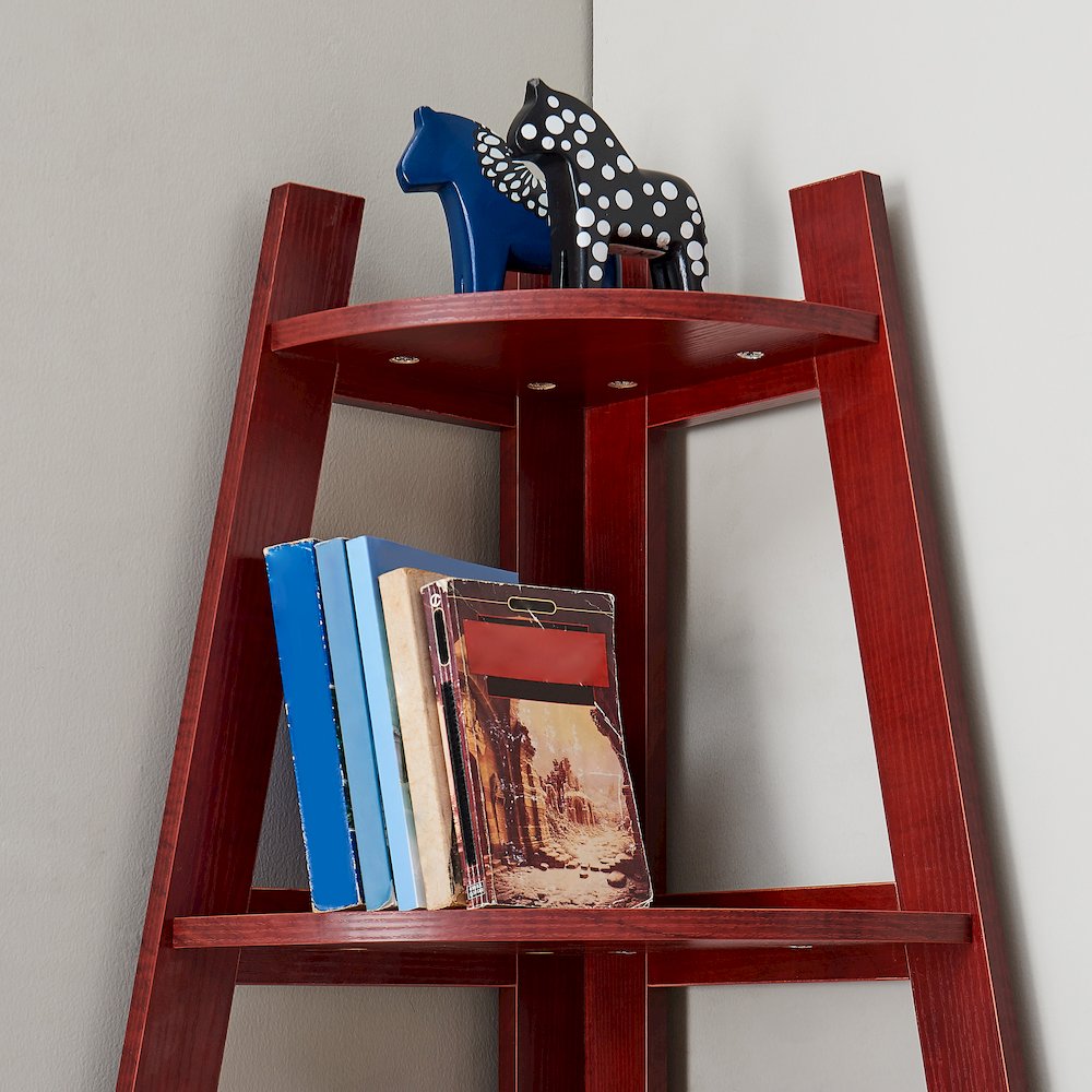 Five Tier Corner Ladder Display Bookshelf - Cherry Wood Finish. Picture 3