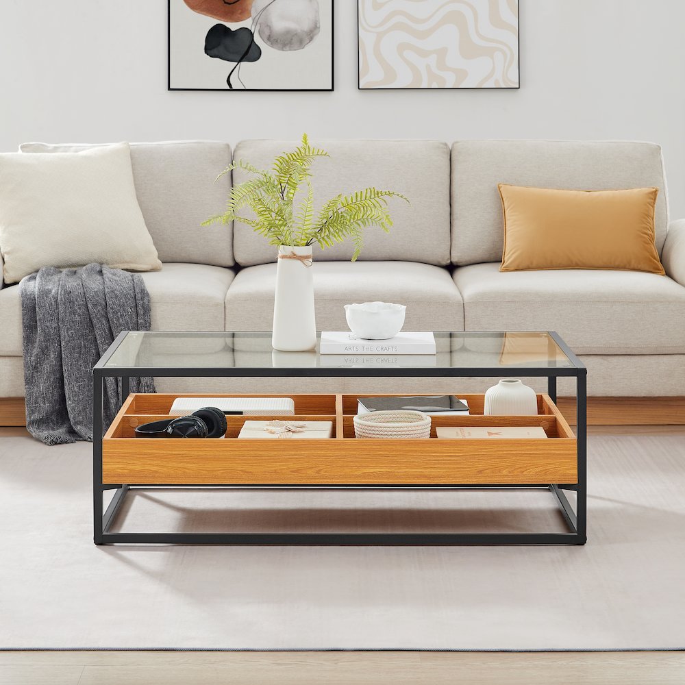 Saarinen 2-Level Glass Display Shelf Rectangle Low Coffee Table - Golden Oak. Picture 2