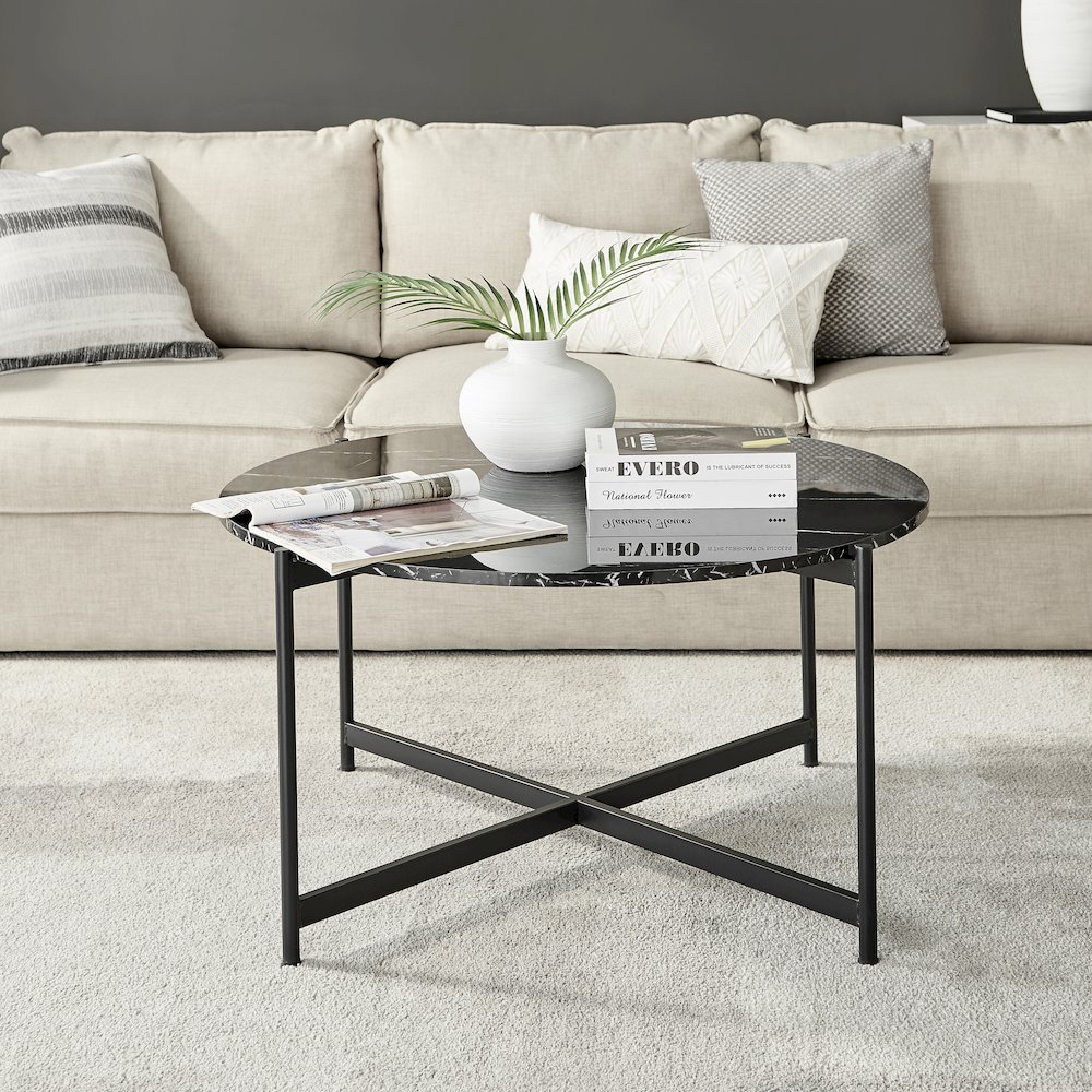 Round Marble Finish Veneer Top Black Metal Large Coffee Table - Black Marble. Picture 2