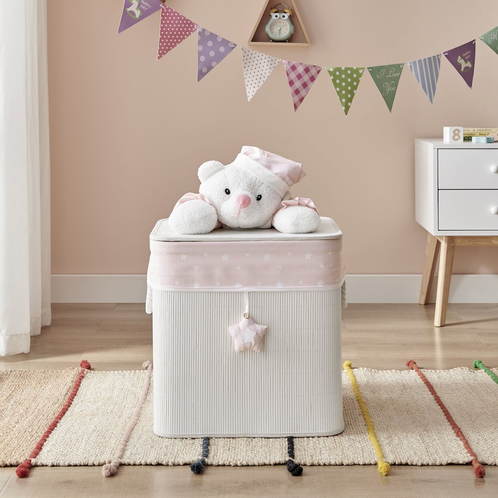 Pink/Cream Collapsible Folding Bamboo Kid Plush Laundry Hamper Sleepy Teddy Bear. Picture 5