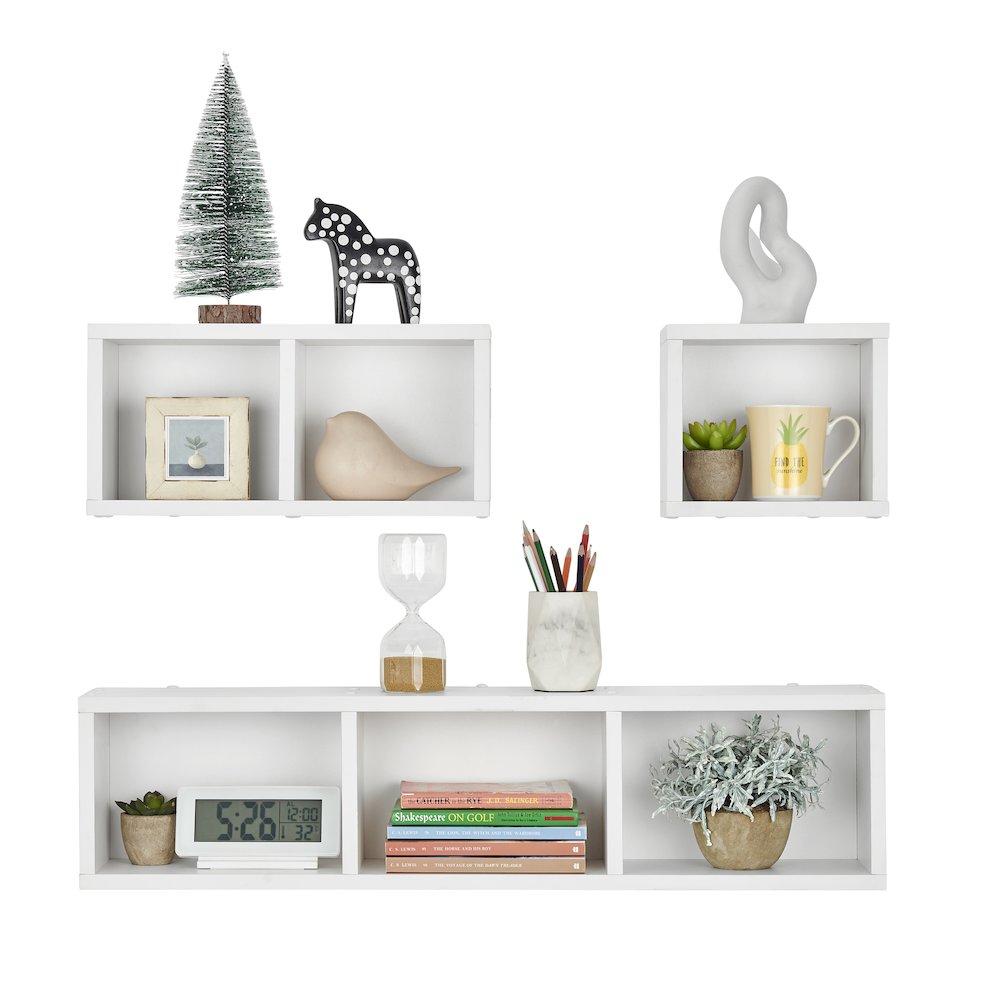 Bauhaus Floating Geometric Cubby Wall Shelves - Set of 3 Sizes - White. Picture 11
