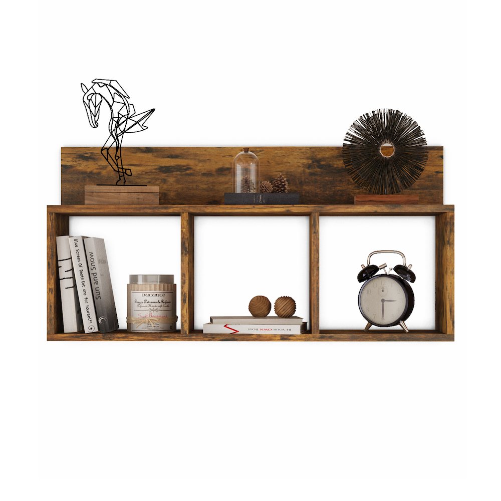 Rustic Triple Cubed Floating Cubby Shelf with Ledge - Aged Wood. Picture 1