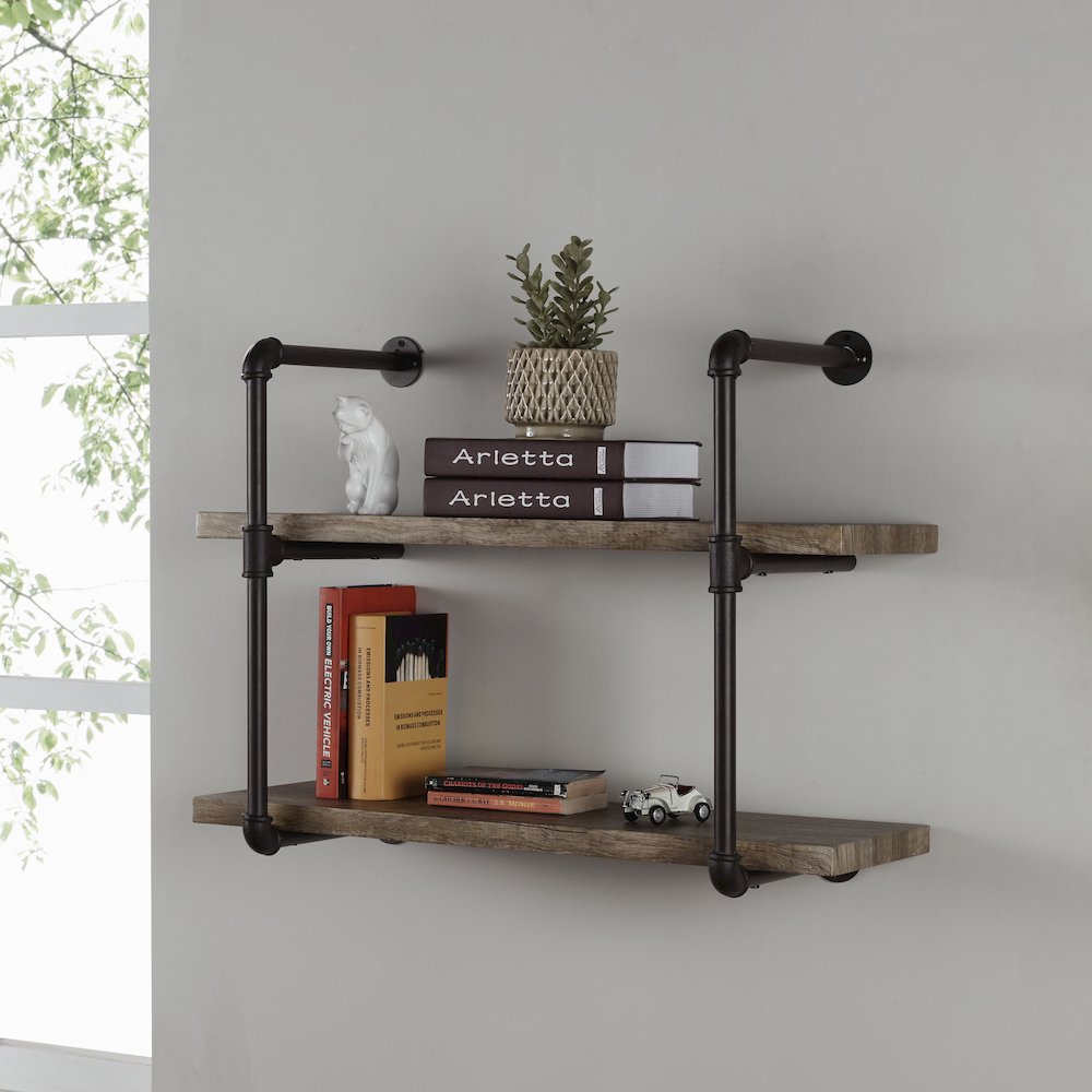 Two Tier Industrial Pipe Wall Shelf. Picture 4