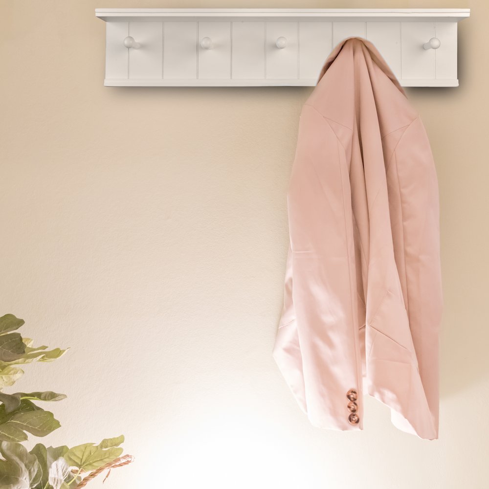24" Wall Mount Coat Rack with 5 Hanger Hooks and Display Shelf - White. Picture 3