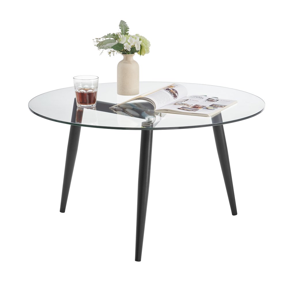 Van Beuren Coffee Side  Table Set Metal Taper Legs Clear Glass Tabletop - Black. Picture 11