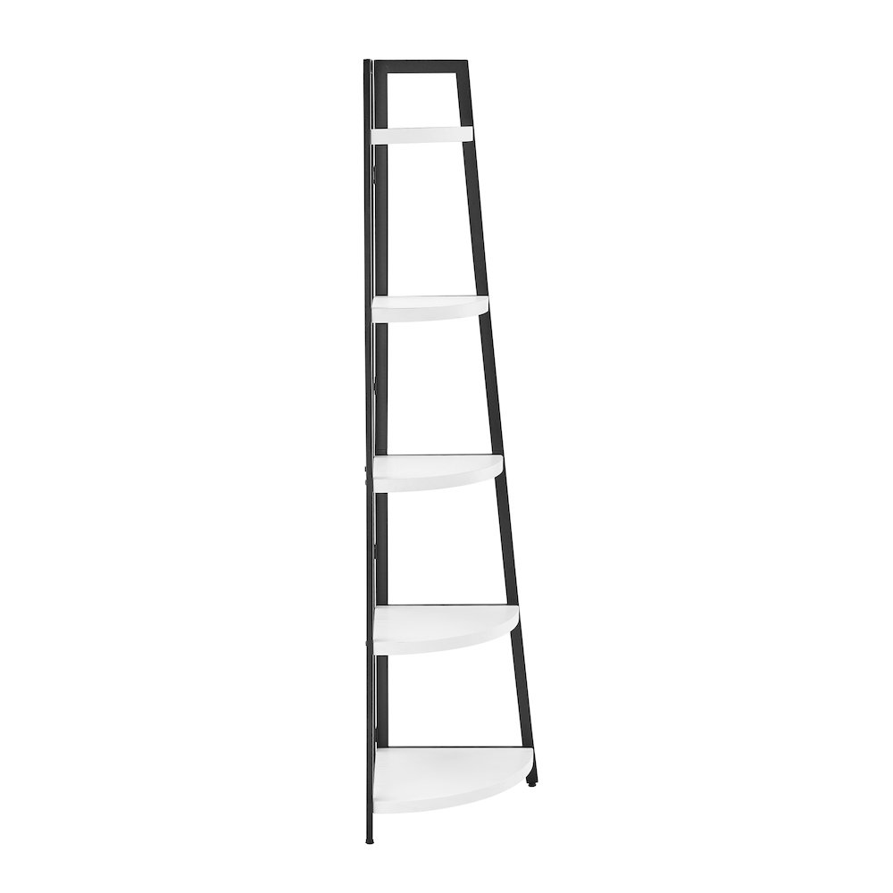 Free-Standing 5-Tier Pyramid Corner Shelf in Black Metal with White MDF Shelves. Picture 12