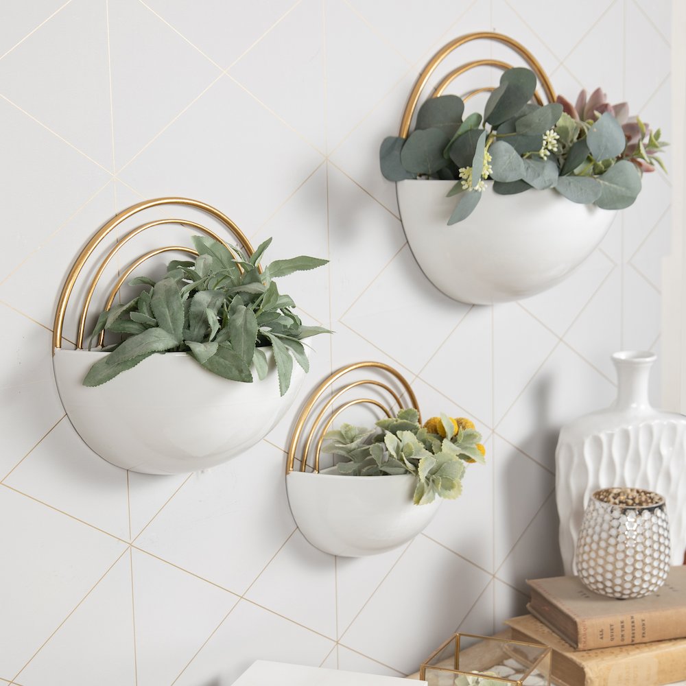 Crescent 3-Piece Metal Wall Planter Set - White with Gold Detail. Picture 4