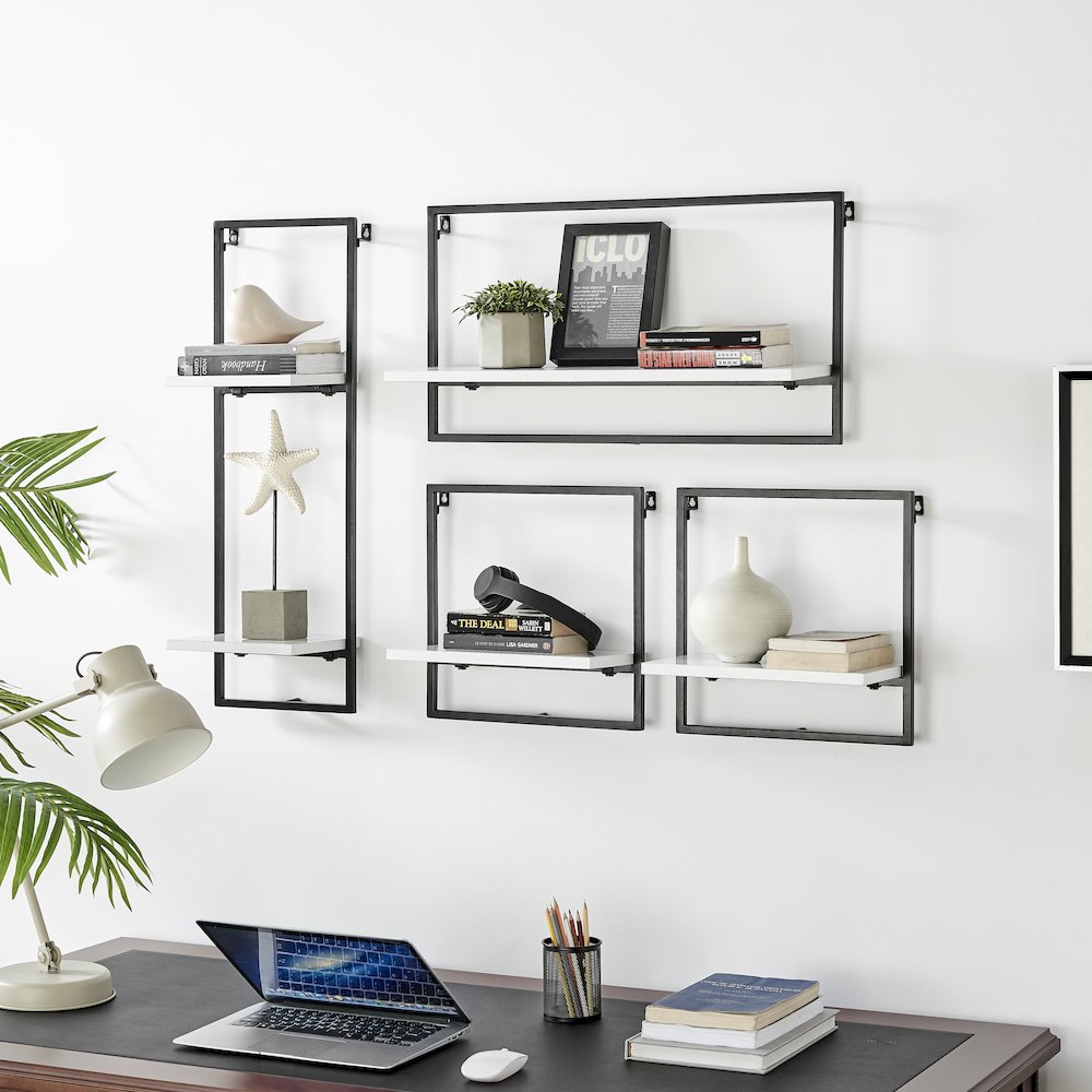 Framed Wall Art 4-Piece Modern Shelf Set - Black Metal Frame White MDF Shelves. Picture 4