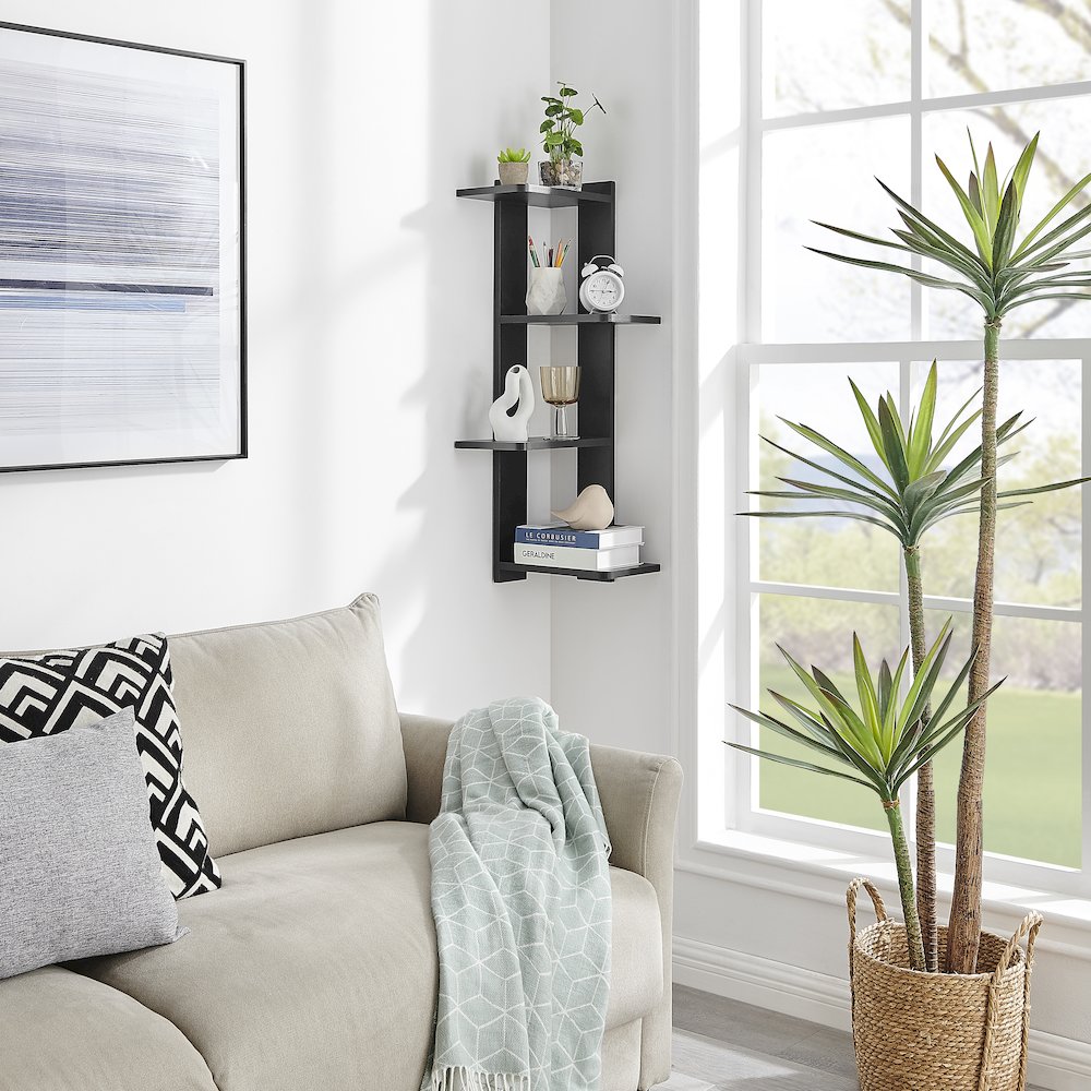 Alvar Corner 4-Tier Floating Ledge Column Wall Shelf - Black. Picture 9