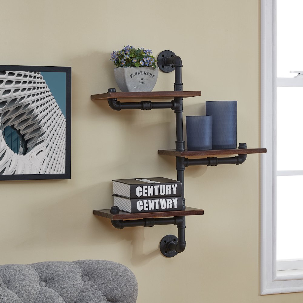 3-Tier Staggered Industrial Rustic Pipe Shelving Unit - Wall Mount. Picture 3