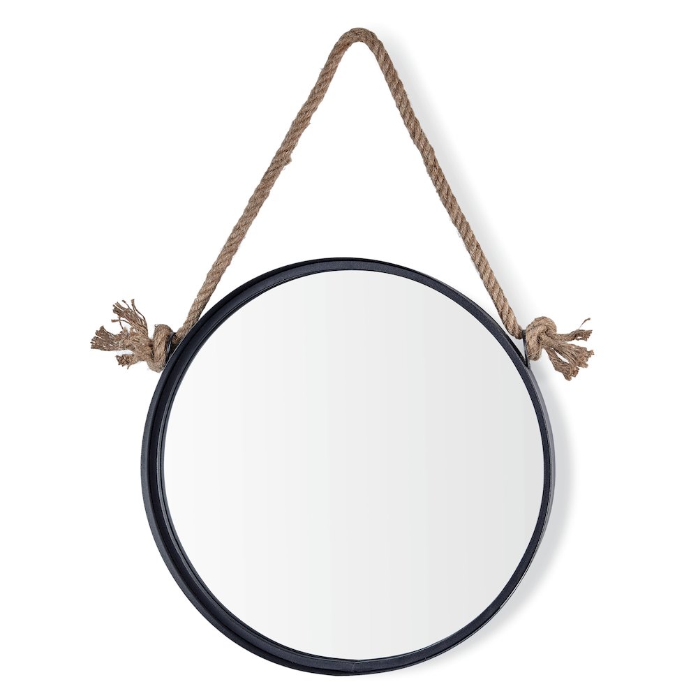 18” Black Iron Framed Round Accent Mirror with Hanging Rope. Picture 1