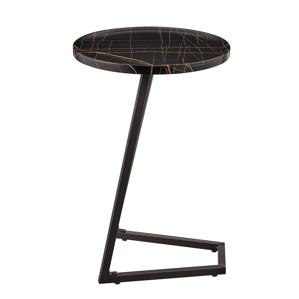 Addison Round Raised Lip Angled Couch-Side Accent C-Table - Black Marble/Black. Picture 10