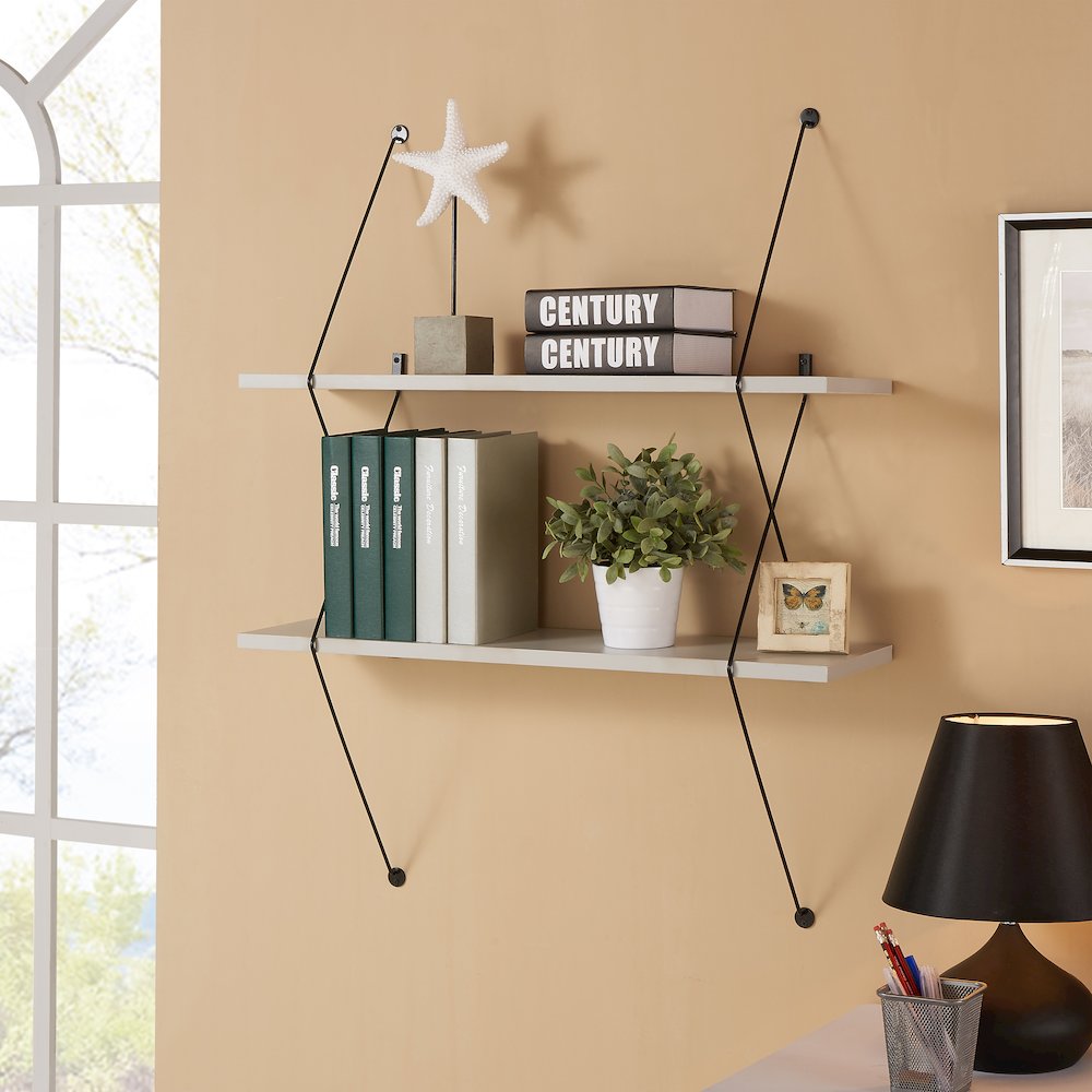 Contemporary Two Level Grey Shelving System with Black Wire Brackets. Picture 2
