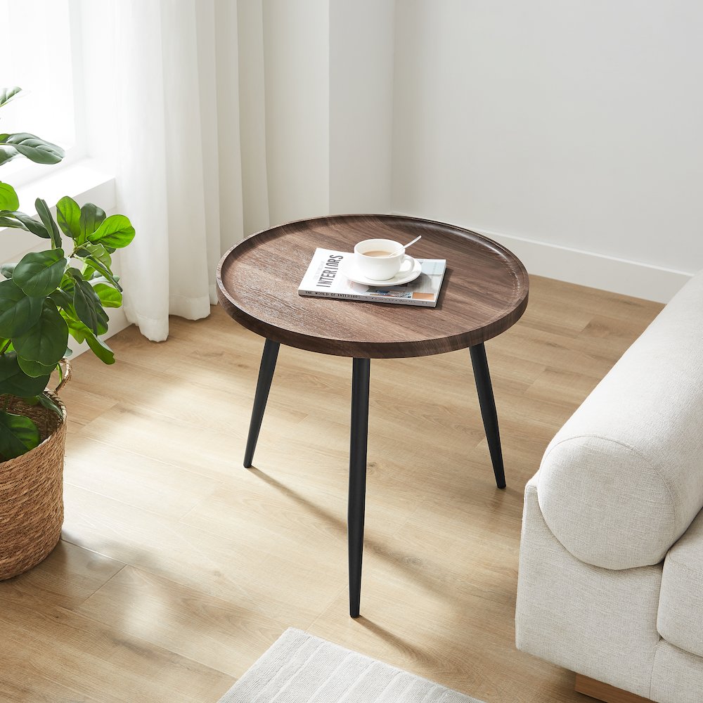 Paxton Raised Lip Edge Side Table Modern Black Metal Taper Legs - Round - Walnut. Picture 5