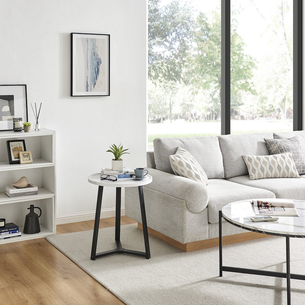 Harper Midcentury Round Raised Lip Edge Side Accent Table - White Marble/Black. Picture 7