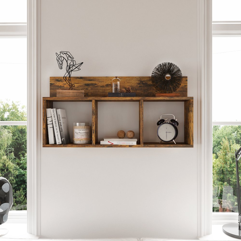 Rustic Triple Cubed Floating Cubby Shelf with Ledge - Aged Wood. Picture 3