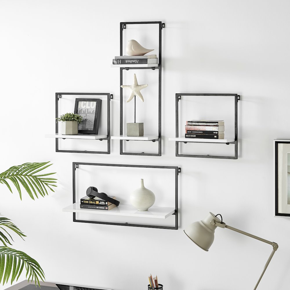 Framed Wall Art 4-Piece Modern Shelf Set - Black Metal Frame White MDF Shelves. Picture 5