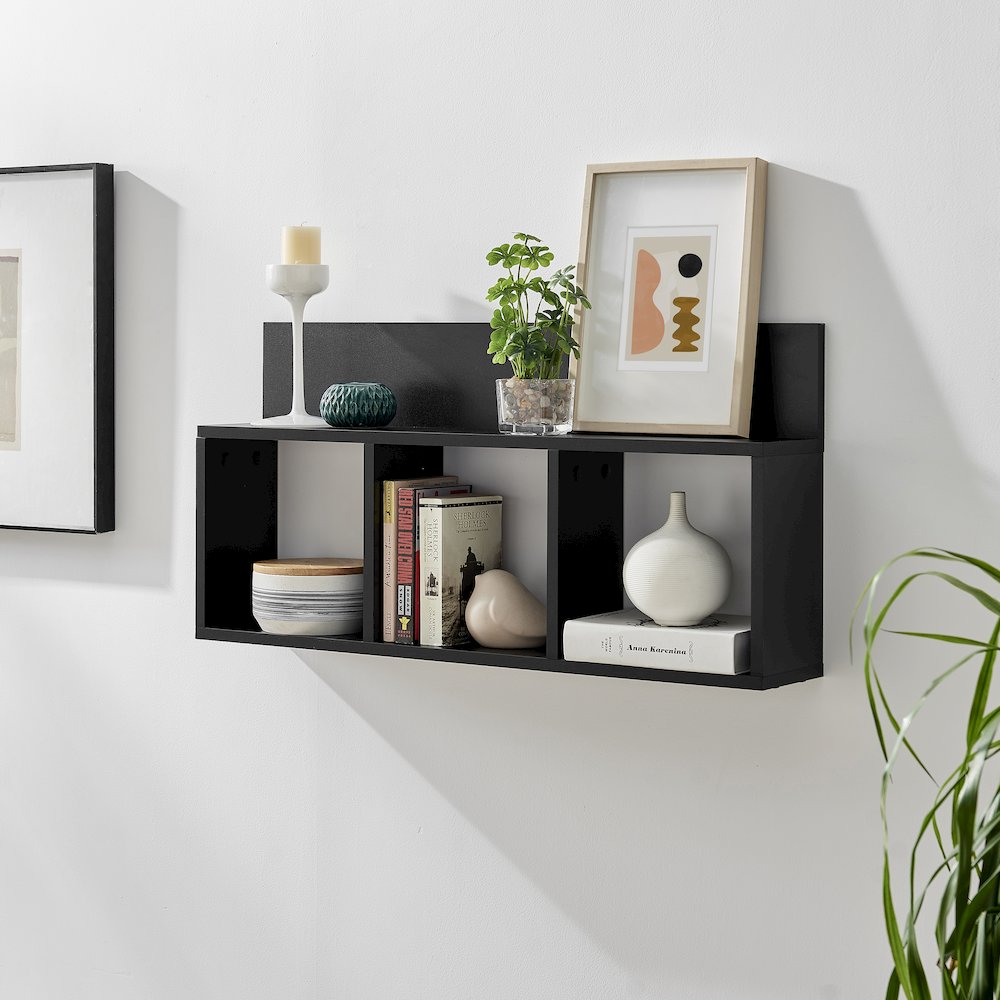 Modern 3 Cube Floating Cubby Wall Shelf with Display Ledge- Black. Picture 4