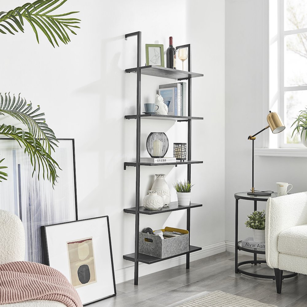 Everett 5-Tier Open Display Wall Mount Metal Frame Ladder Shelf - Black/Black. Picture 7