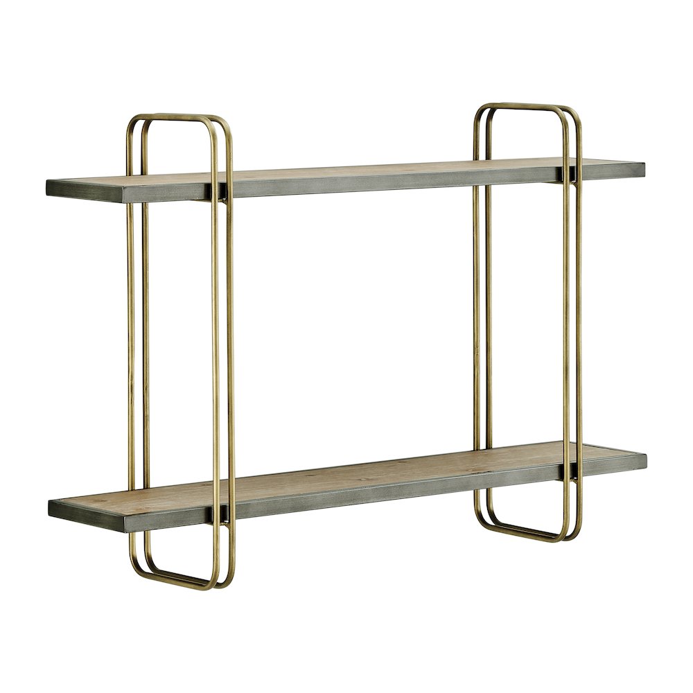 Two-Tier Warm Gold Washed Oak Brown Metal Bracket Wall Mounted Shelf. Picture 8