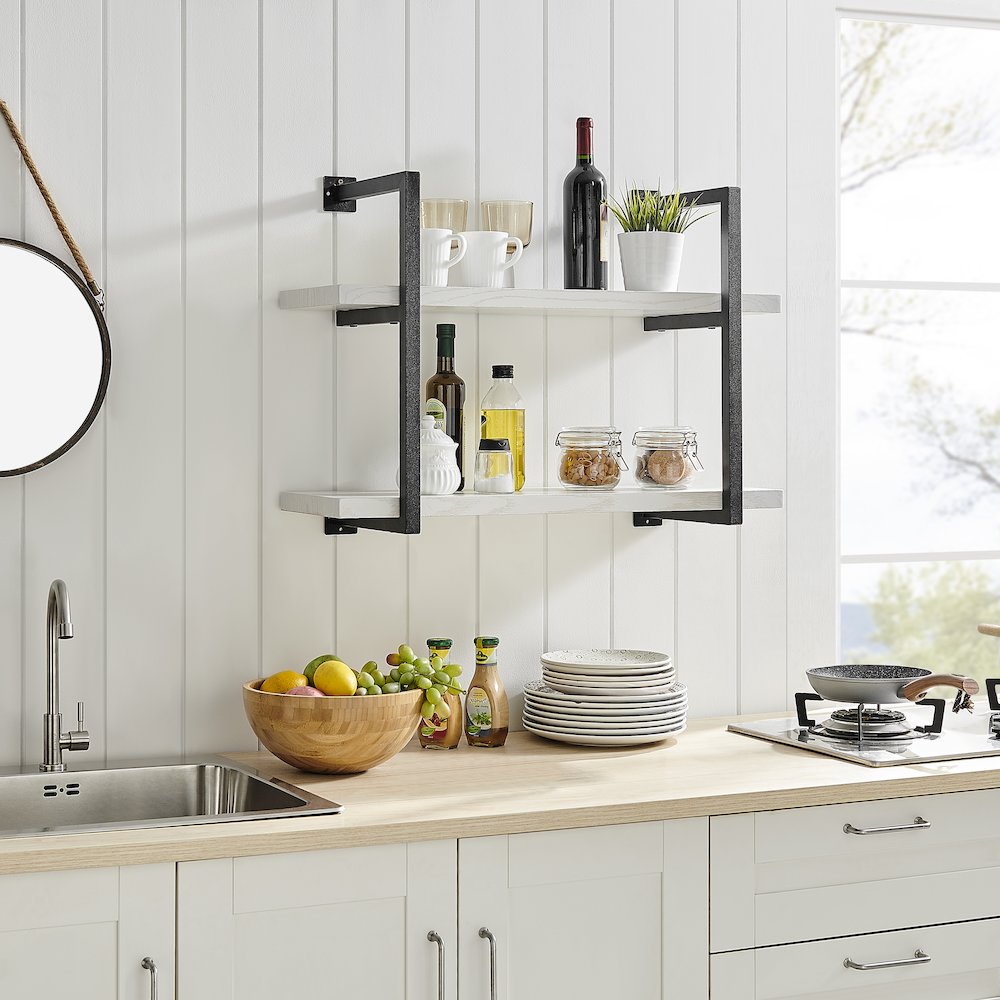 Modern 2-Tier Hanging Bracket Wall Shelves in Black Metal and White Birch Finish. Picture 9