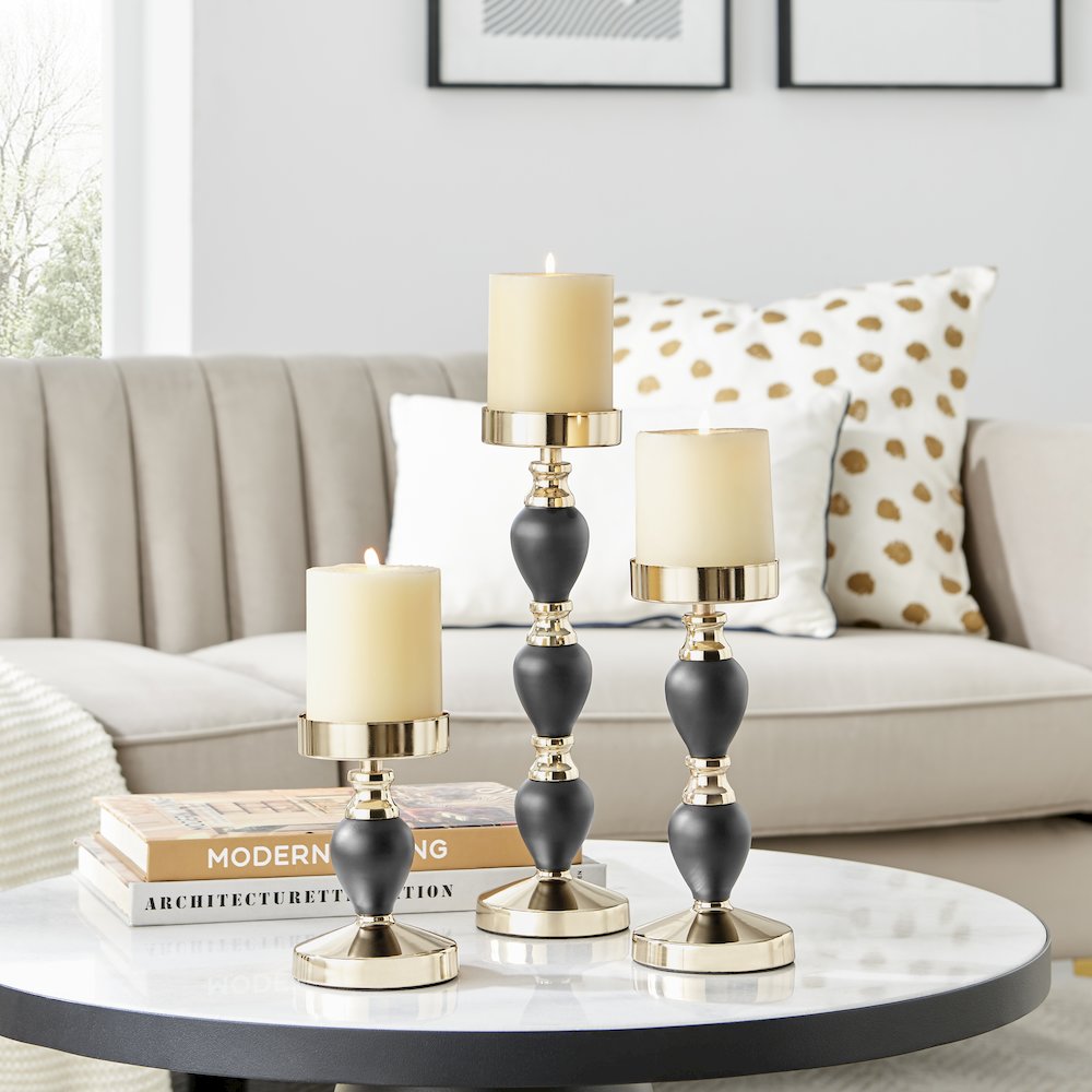 Talia Black and Gold Candlestick Taper Candle Holders - Set of 3. Picture 3