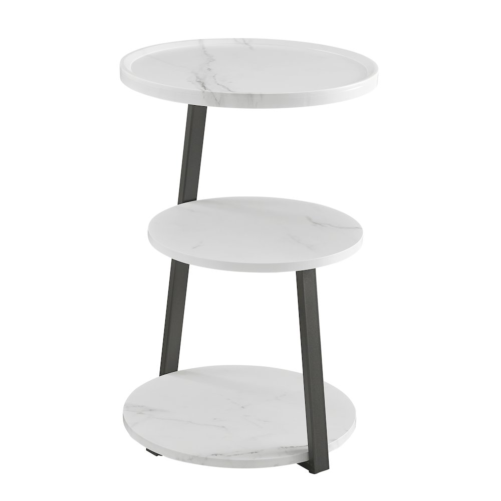Skylar Round 3-Tier Side Accent Table with Raised Lip Edge - White Marble/Black. Picture 13