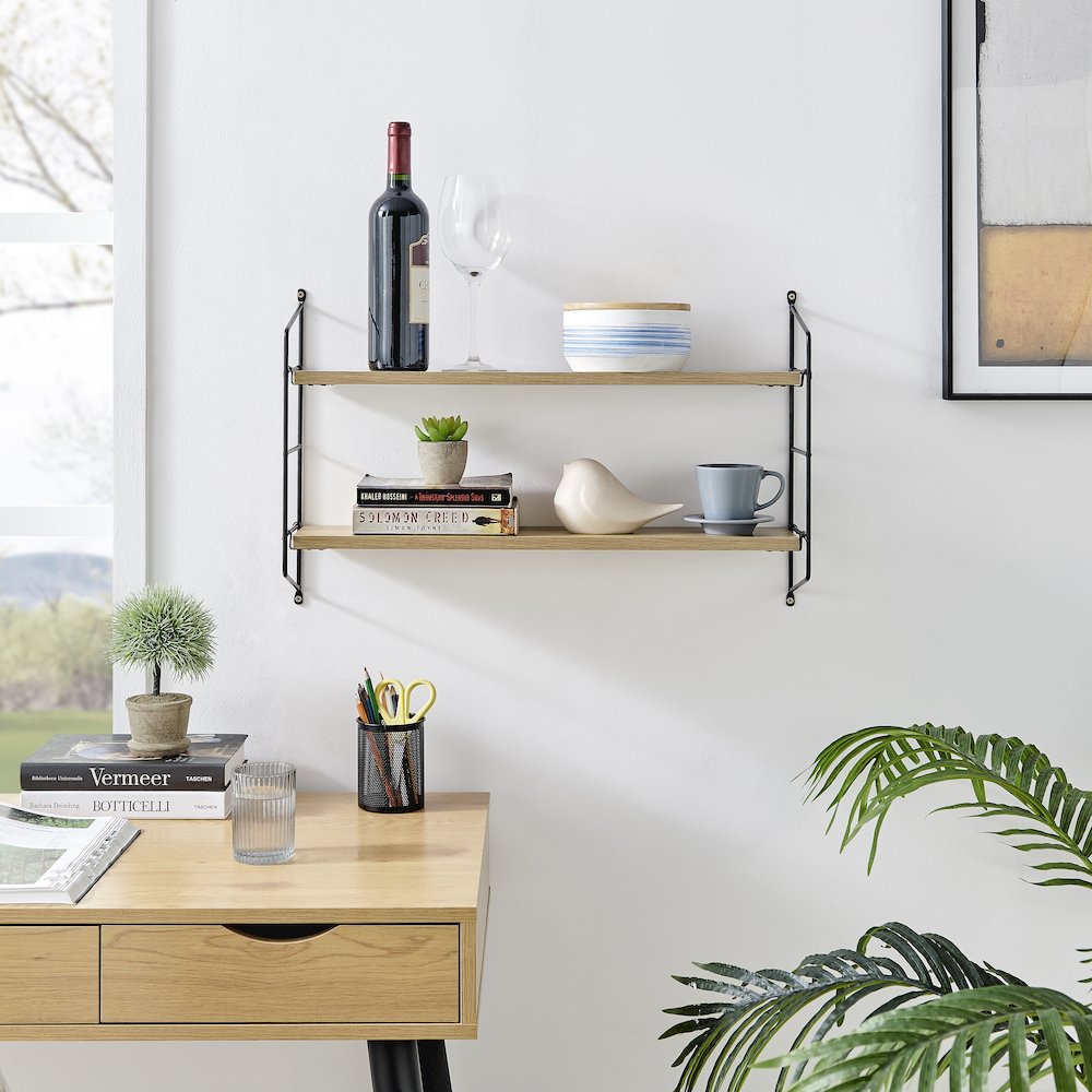 Severini Floating Bracket Farmhouse Two-Tier Wall Shelf - Black/Chestnut. Picture 2