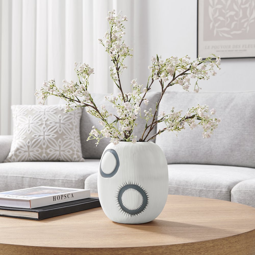 Elara Matte White and Navy Oval Opening Tabletop Glass Vase - Round Small. Picture 2