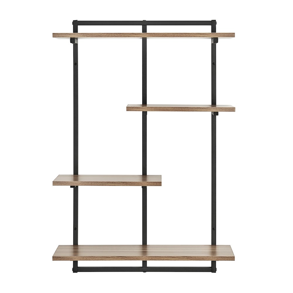 Rhodes 4 Tier Windowsill Wall Shelf Black Metal Frame Light Walnut MDF Shelves. Picture 1